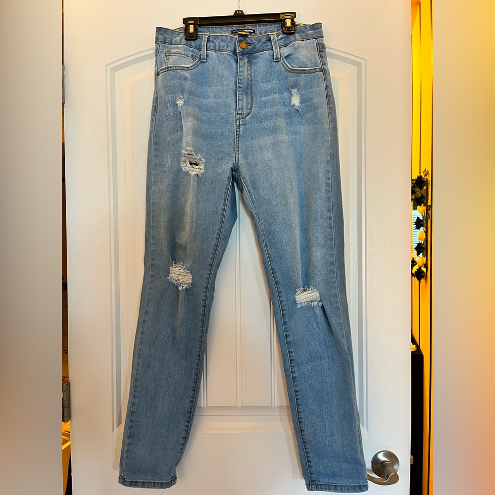Light wash, distressed skinny jeans